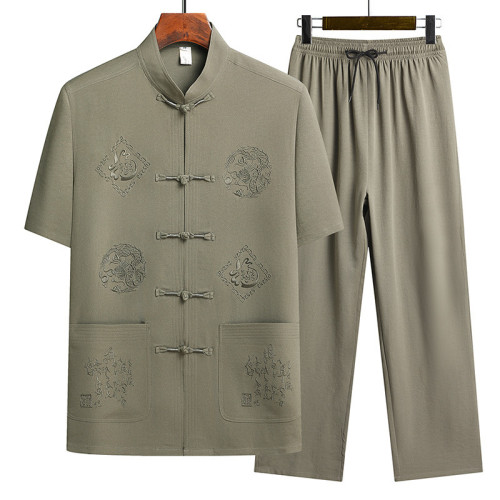 中老年短袖襯衫套裝夏季老人風中式寬松唐裝衣服爸爸夏裝襯衣
