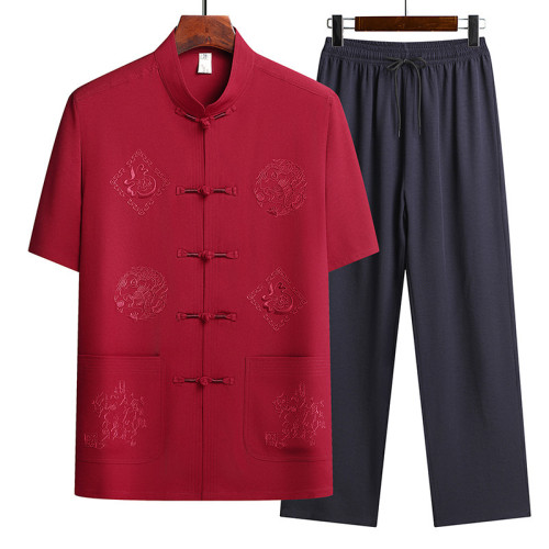 中老年短袖襯衫套裝夏季老人風中式寬松唐裝衣服爸爸夏裝襯衣