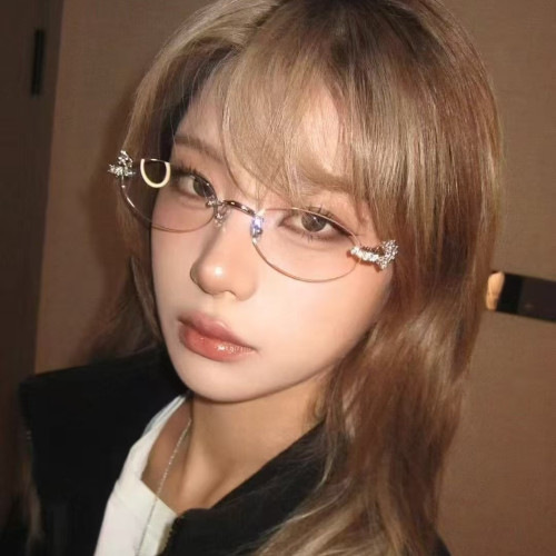 無邊框橢圓貓眼gm珠寶鑲鑽眼鏡女純欲高智感素顔防藍光拍照裝飾鏡