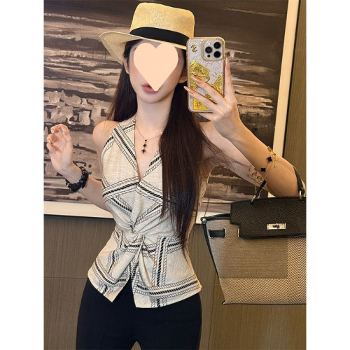 松弛有度老錢風亞麻馬甲女夏季氣質高級感扭結V領外穿無袖上衣ins