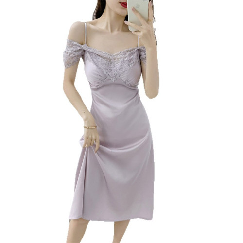 2025新款睡衣女夏季冰絲性感蕾絲帶胸墊吊帶中裙睡裙純欲風家居服