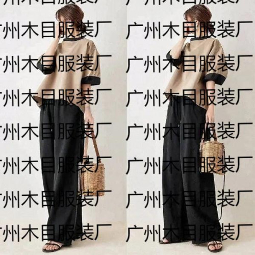  套裝2025夏季新款日系拼色襯衣+濶腿褲兩件套套裝