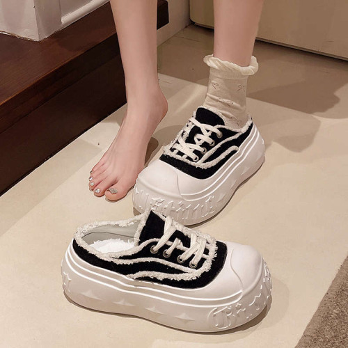 時尚休閒松糕醜萌大頭麵包鞋女2025春夏歐貨厚底乞丐帆布包頭半拖