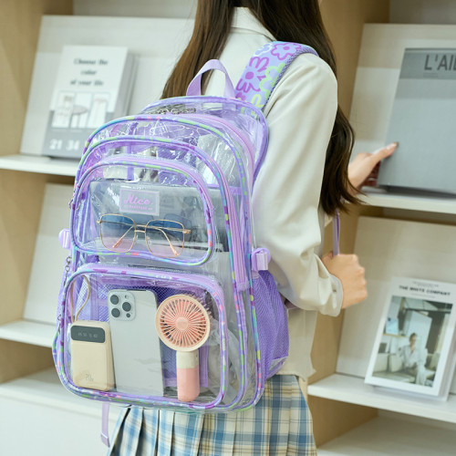 2025新款pvc透明雙肩包女校園中大學生書包大容量休閒後背包