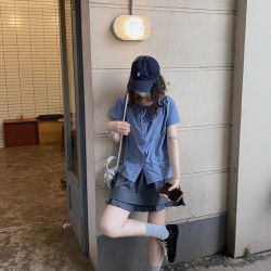 復古高腰半身裙女夏2025新款小個子絎縫下擺收褶a字短裙