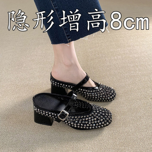 閃鑽內增高8cm包頭半拖鞋女網面透氣夏新款一腳蹬懶人無後外出拖