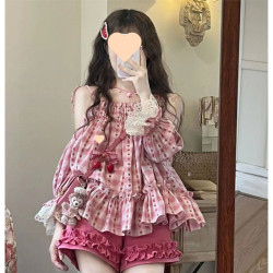 夏季甜美森系減齡吊帶露肩格子上衣+洋氣花邊ins短褲兩件套套裝女