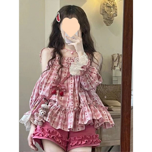 夏季甜美森系減齡吊帶露肩格子上衣+洋氣花邊ins短褲兩件套套裝女