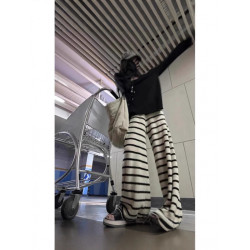 新款亞麻冰涼感條紋針織褲直筒垂感濶腿褲慵懶風休閒拖地褲女