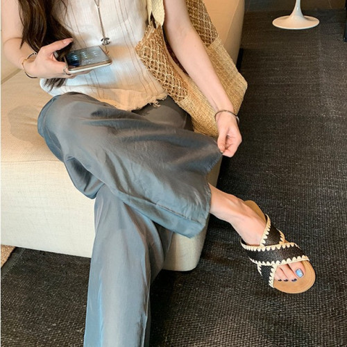 葡萄媽同款~ 慵懶風撞色百搭編織交叉一字帶百搭涼拖女夏