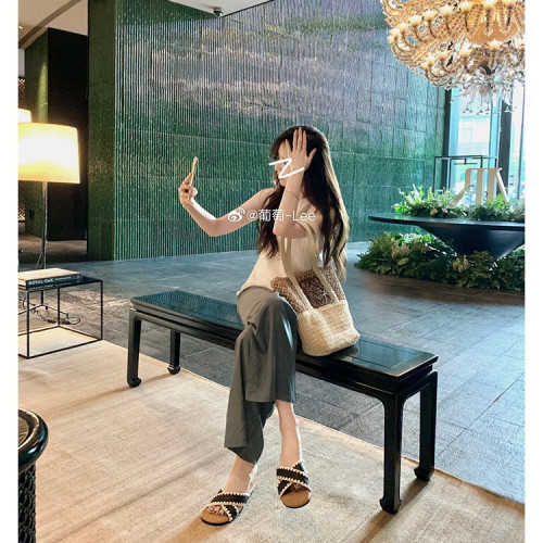 葡萄媽同款~ 慵懶風撞色百搭編織交叉一字帶百搭涼拖女夏