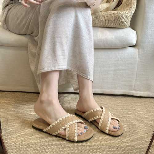 葡萄媽同款~ 慵懶風撞色百搭編織交叉一字帶百搭涼拖女夏