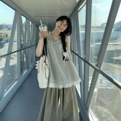 時尚套裝女夏季韓系復古格子花邊領口無袖背心搭配濶腿長褲兩件套
