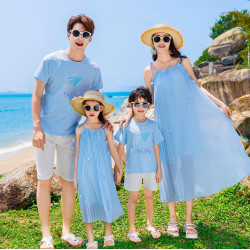 2025夏季新款兩件套純色女裙親子裝沙灘款一家四口夏季休閒套裝