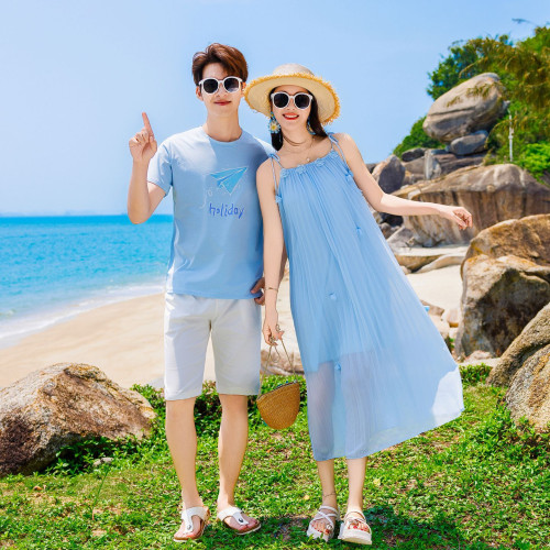 2025夏季新款兩件套純色女裙親子裝沙灘款一家四口夏季休閒套裝