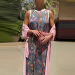 2025歐美女裝新款印花Instagram網紅爆款連衣裙2件套帶披風圓