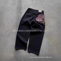 美式復古刺綉個性街頭潮流濶腿休閒百搭牛仔褲嘻哈長褲