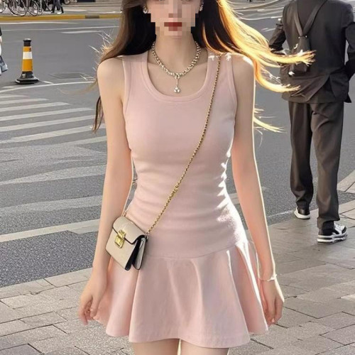 粉色無袖背心連衣裙女2025夏季超顯身材緊身收腰顯瘦a字短款裙子