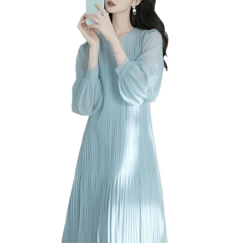 2025春秋大碼胖mm藍色超好看連衣裙海邊度假超仙多巴胺小裙子長袖