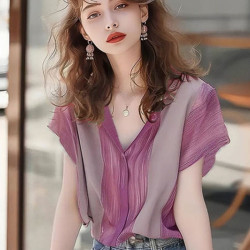 法式超仙紫色條紋拼接清新輕奢短袖襯衫2024新款高級上衣女夏外穿