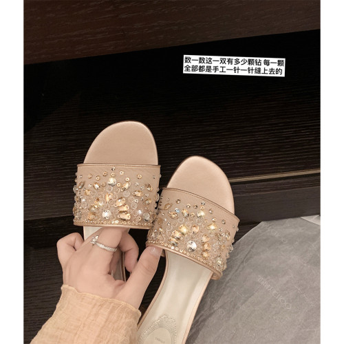 羊皮~蘇茵茵水晶拖鞋女款夏外穿水鑽網紗一字帶粗跟涼拖鞋高跟鞋