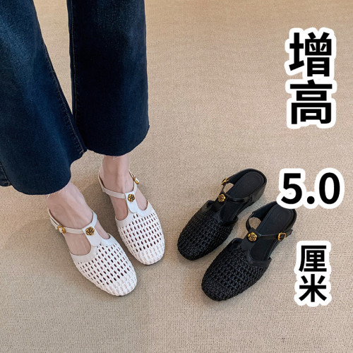 軟皮版內增高涼拖鞋5CM 法式方頭編織鏤空透氣丁字釦帶涼鞋包頭鞋