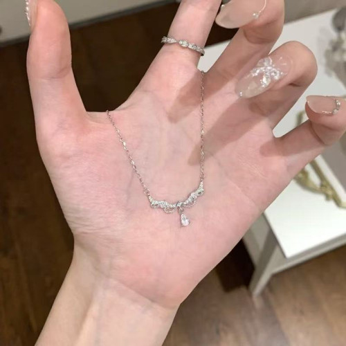 S999新款超閃蕾絲花邊水滴鋯石項鍊輕奢高級感小衆氣質百搭鎖骨鍊