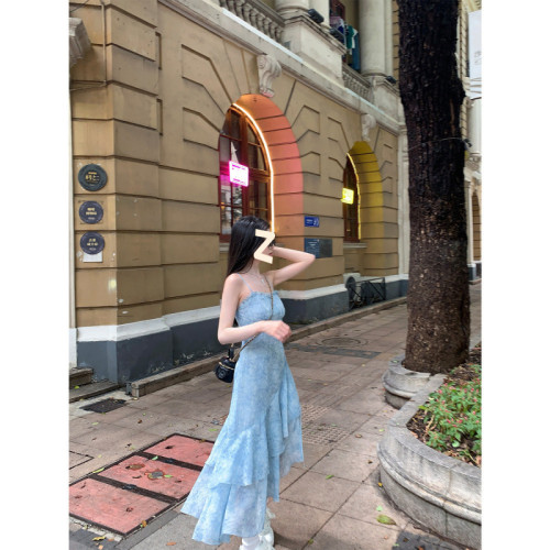 2025年~夏季新款連衣裙女夏藍色氣質吊帶裙初戀薄紗顯瘦裙子