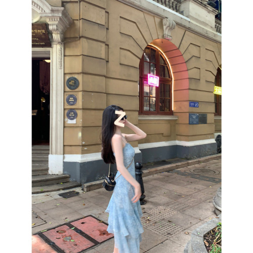 2025年~夏季新款連衣裙女夏藍色氣質吊帶裙初戀薄紗顯瘦裙子