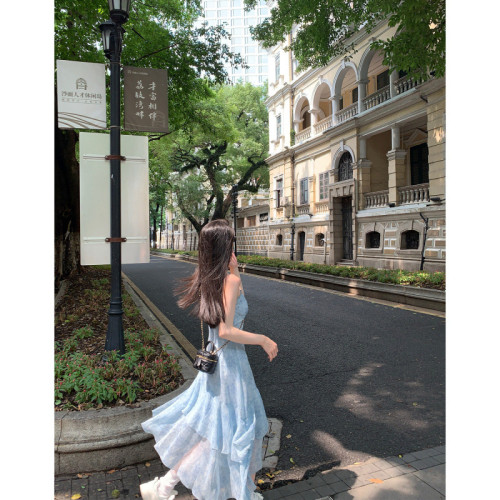 2025年~夏季新款連衣裙女夏藍色氣質吊帶裙初戀薄紗顯瘦裙子