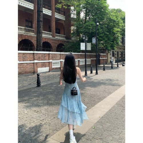 2025年~夏季新款連衣裙女夏藍色氣質吊帶裙初戀薄紗顯瘦裙子