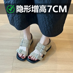 7cm牛皮版~復古極簡內增高露趾法式涼鞋一腳蹬百搭通勤勃肯涼鞋女