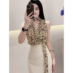氣質女士上衣高級感輕奢減齡時尚獨特絕美黃色V領無袖豹紋襯衫夏