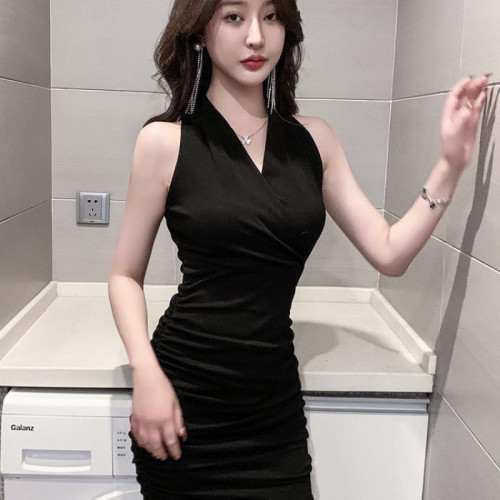 氣質性感無袖連衣裙夜 店女裝夜總店辣妹緊身收腰抽褶包臀裙子夏