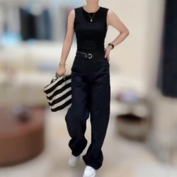 25102婕妤秀簡約氣質純色時尚套裝無袖背心修身上衣+休閒濶腿褲