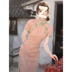 新式旗袍改良版2025年新款少女夏年輕款高級氣質粉色長款古法女裝