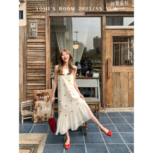 2025夏季韓版新款甜美碎花氣質法式無袖背心網紗拼接長裙連衣裙女