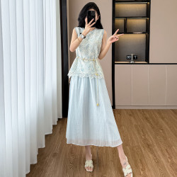 法式蕾絲鏤空兩件連衣裙女夏季新款減齡溫柔度假風無袖氣質長裙