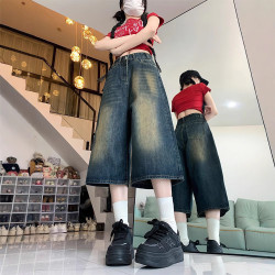美式七分牛仔褲女2025年夏季高腰顯瘦復古大碼寬松直筒濶腿中褲子