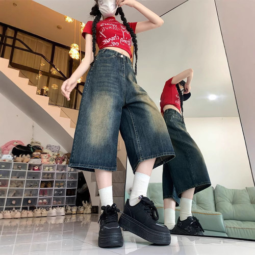美式七分牛仔褲女2025年夏季高腰顯瘦復古大碼寬松直筒濶腿中褲子