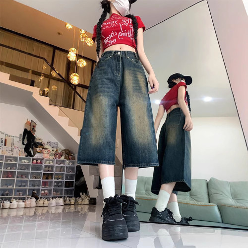 美式七分牛仔褲女2025年夏季高腰顯瘦復古大碼寬松直筒濶腿中褲子