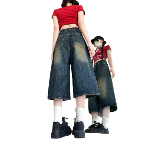 美式七分牛仔褲女2025年夏季高腰顯瘦復古大碼寬松直筒濶腿中褲子