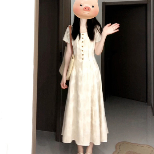 2025新款小個子法式復古方領連衣裙子夏季女裝氣質高級感收腰長裙