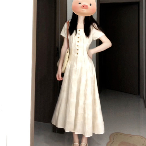 2025新款小個子法式復古方領連衣裙子夏季女裝氣質高級感收腰長裙