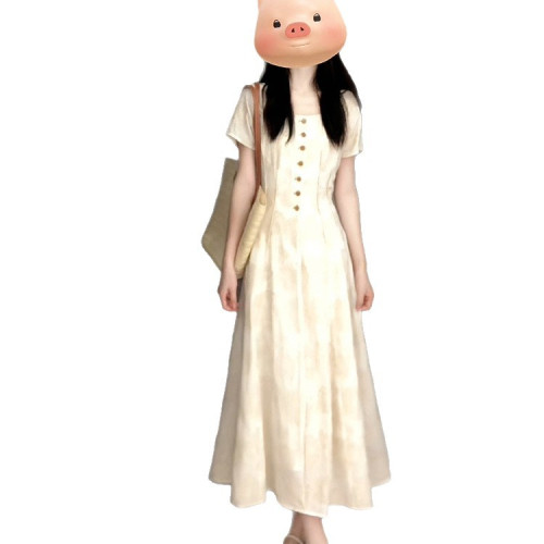 2025新款小個子法式復古方領連衣裙子夏季女裝氣質高級感收腰長裙