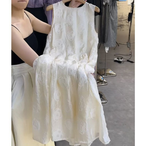 特大碼300斤法式重工立體剪花無袖連衣裙女胖MM中長款A字背心裙夏