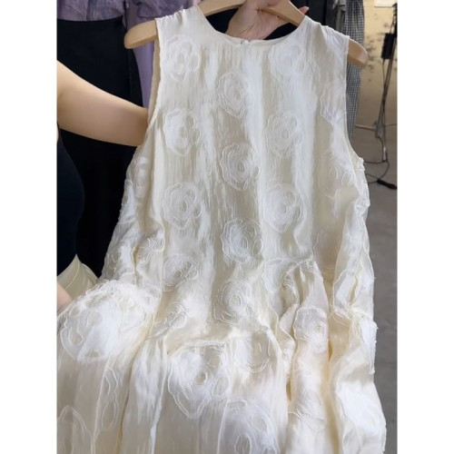 特大碼300斤法式重工立體剪花無袖連衣裙女胖MM中長款A字背心裙夏