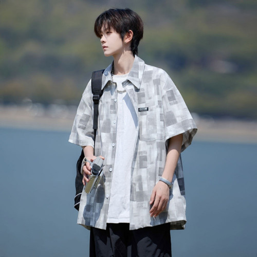 美式復古格子短袖襯衫潮牌2025夏季新款男士外搭寬松薄款痞帥襯衣