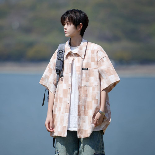 美式復古格子短袖襯衫潮牌2025夏季新款男士外搭寬松薄款痞帥襯衣