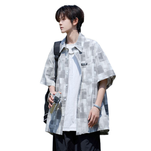 美式復古格子短袖襯衫潮牌2025夏季新款男士外搭寬松薄款痞帥襯衣